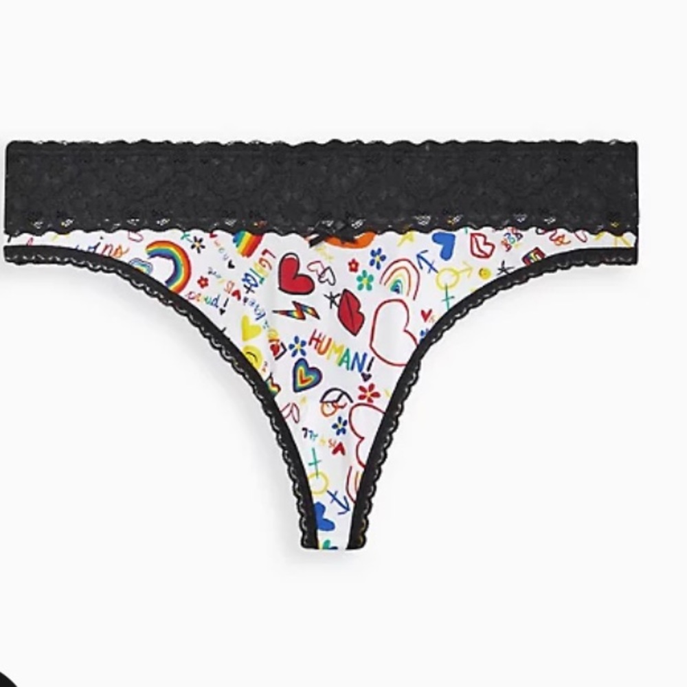 Torrid Pride Doodle Wide Black Lace White Cotton Mid-Rise Thong Panty NWT